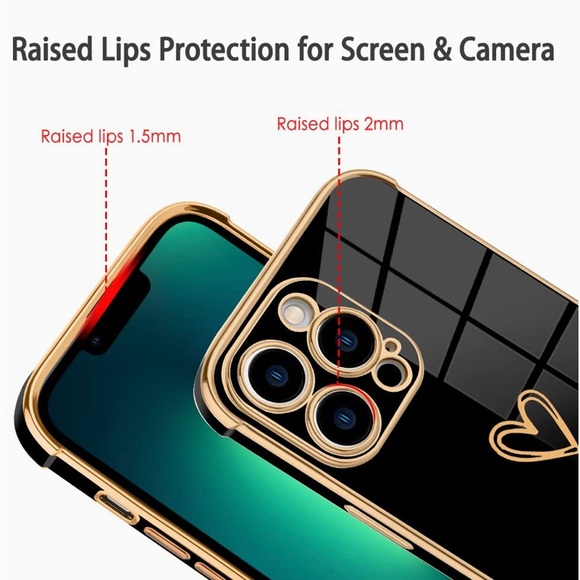 🍀iPhone 14 Pro Shockproof Case Heart Design Plating Black Cover - Picture 2 of 4